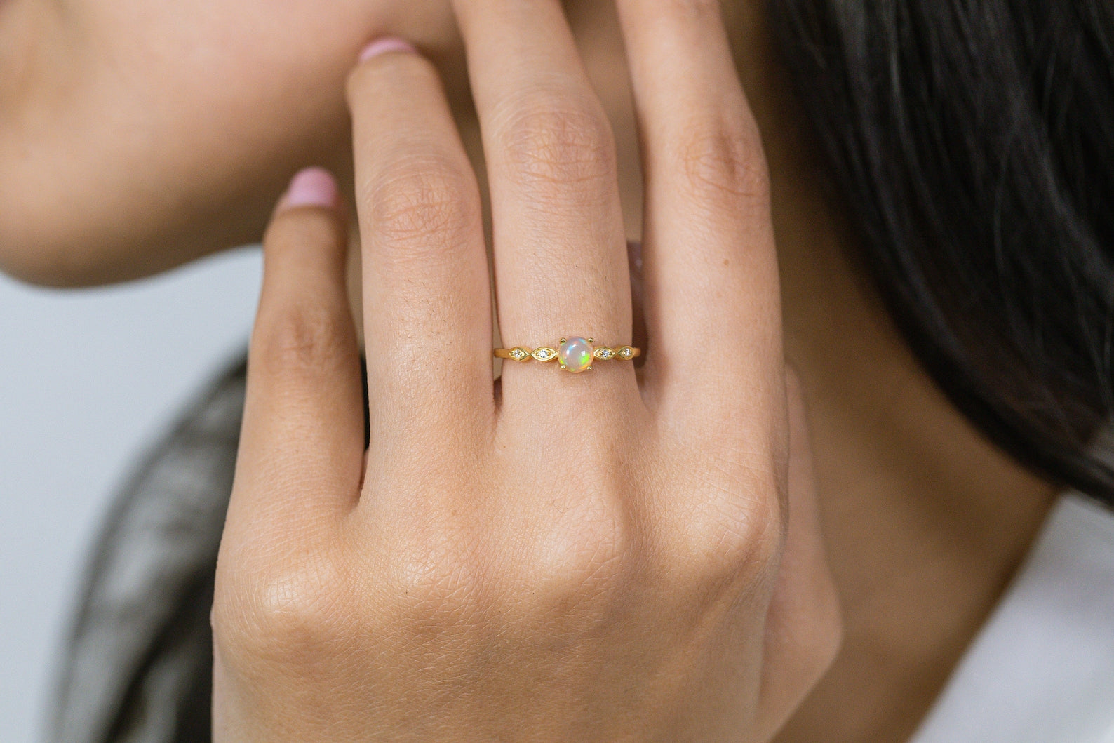 Opal and Diamond Engagement Ring, October Birthstone, Opal Ring, 18k Gold Unique Promise Ring, Marquise Ring